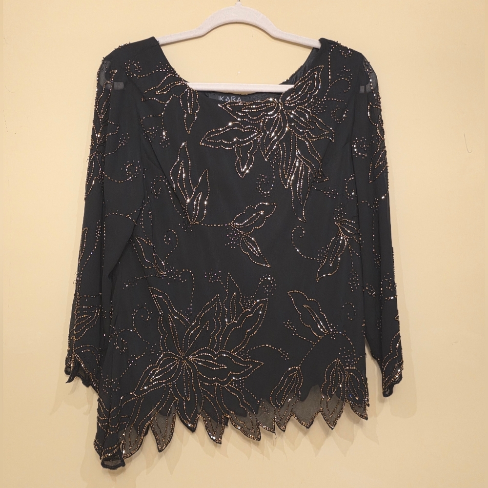 J Kara Black and Gold Beaded Women's Blouse Size XL